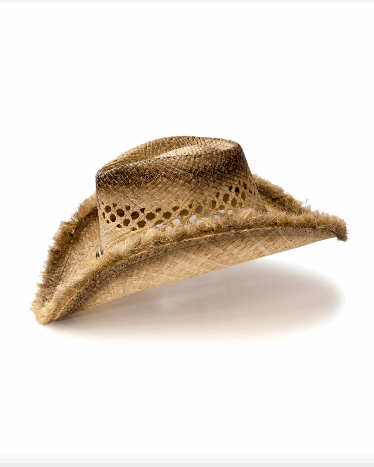 Raffia Straw Pinch Front Hat w Frayed Edge