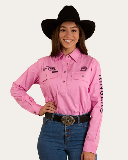 Ringers Western: Women's Jillaroo Work Shirt - Pastel Pink / Navy