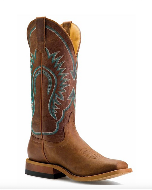 Macie Bean: "A Perfect Tan" Women's Square Toe Leather Cowboy Boots in Light brown with turquoise stitching - Texas Western New Zealand