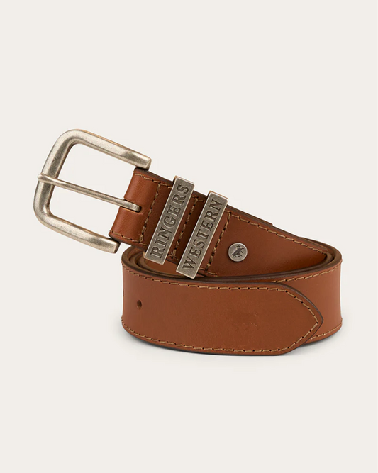 Brown leather belt with silver buckle on a light gray background