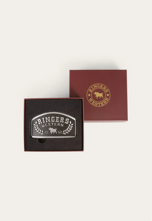 Belt buckle and packaging with 'Ringer's Western' branding on a white background