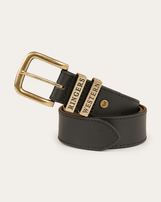 Black leather belt with gold buckle on a light gray background