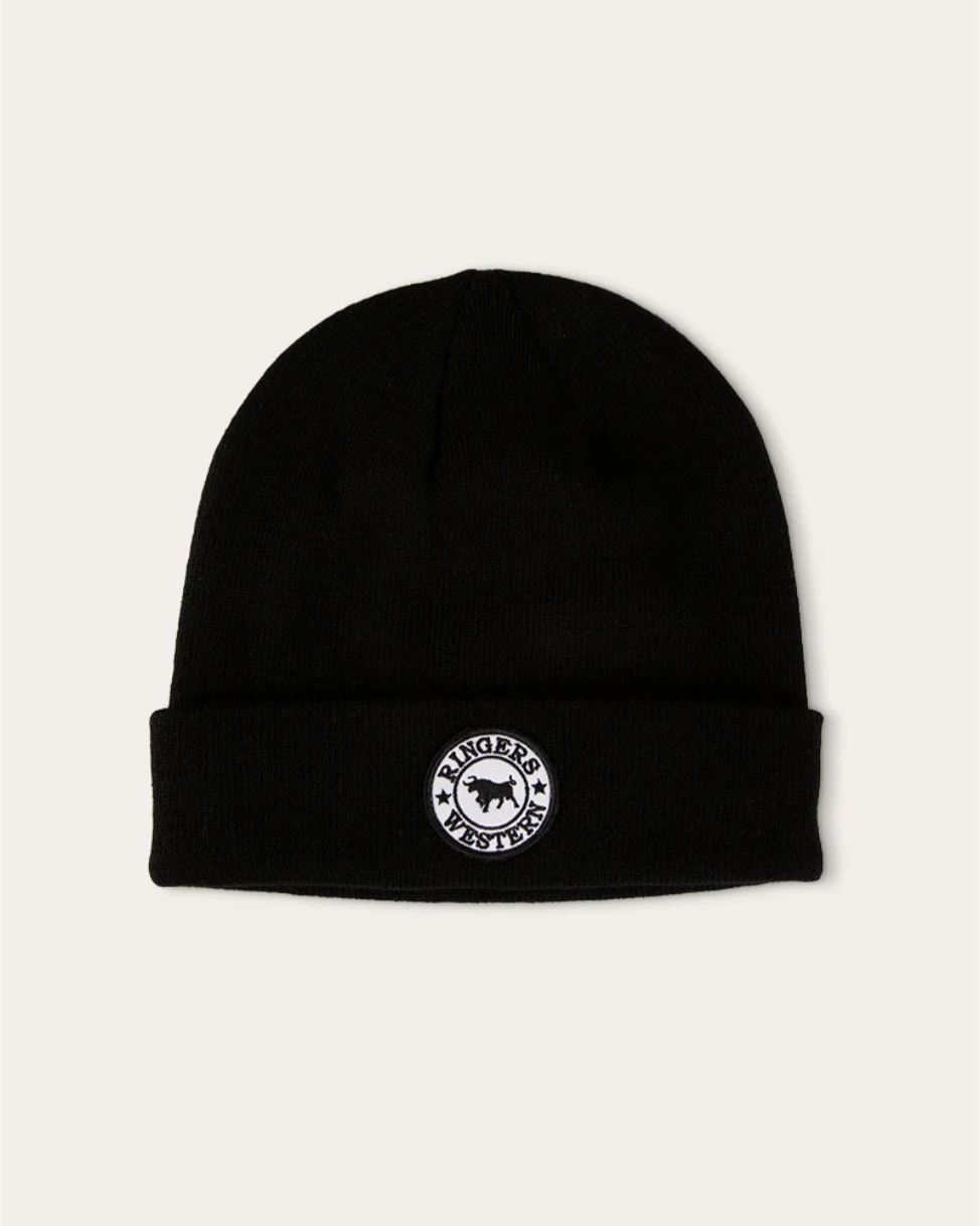 Black beanie with a logo on a white background