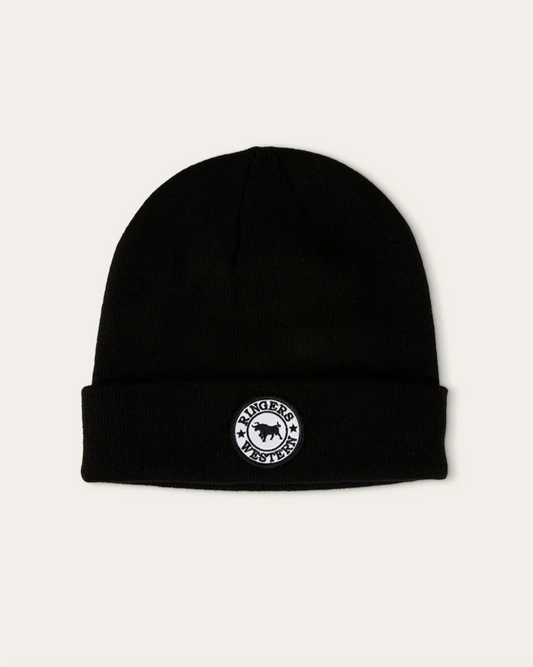 Black beanie with a logo on a white background