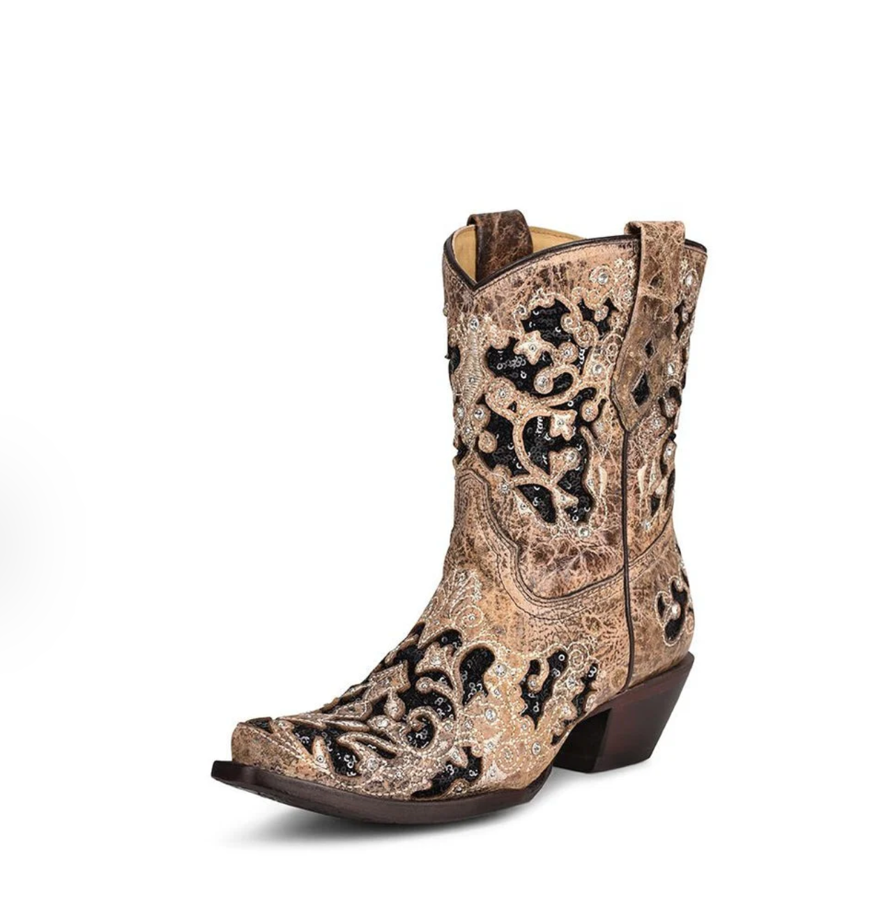 Cowboy boot with intricate black patterns on a beige background