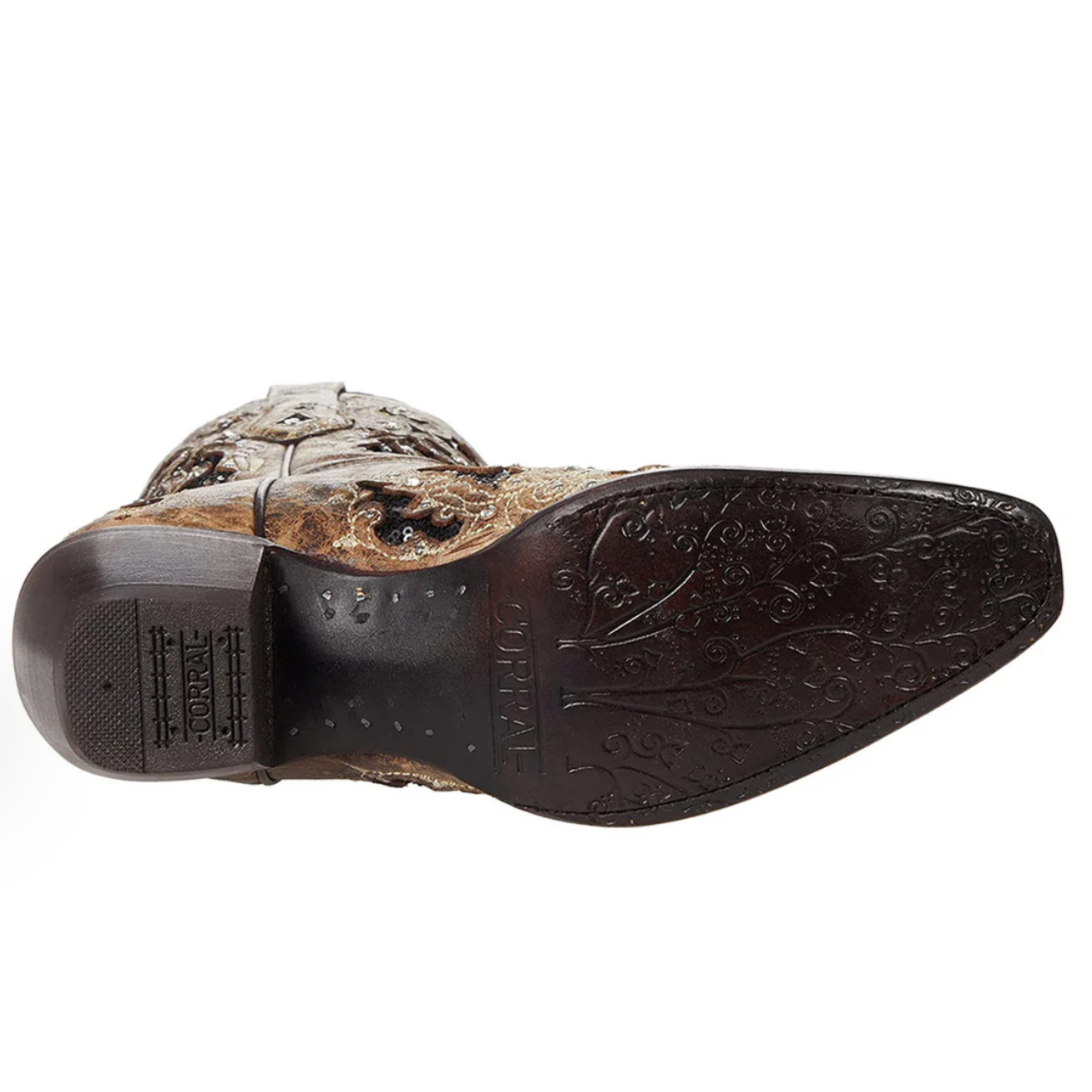 Close-up of a boot sole with embossed design on a white background