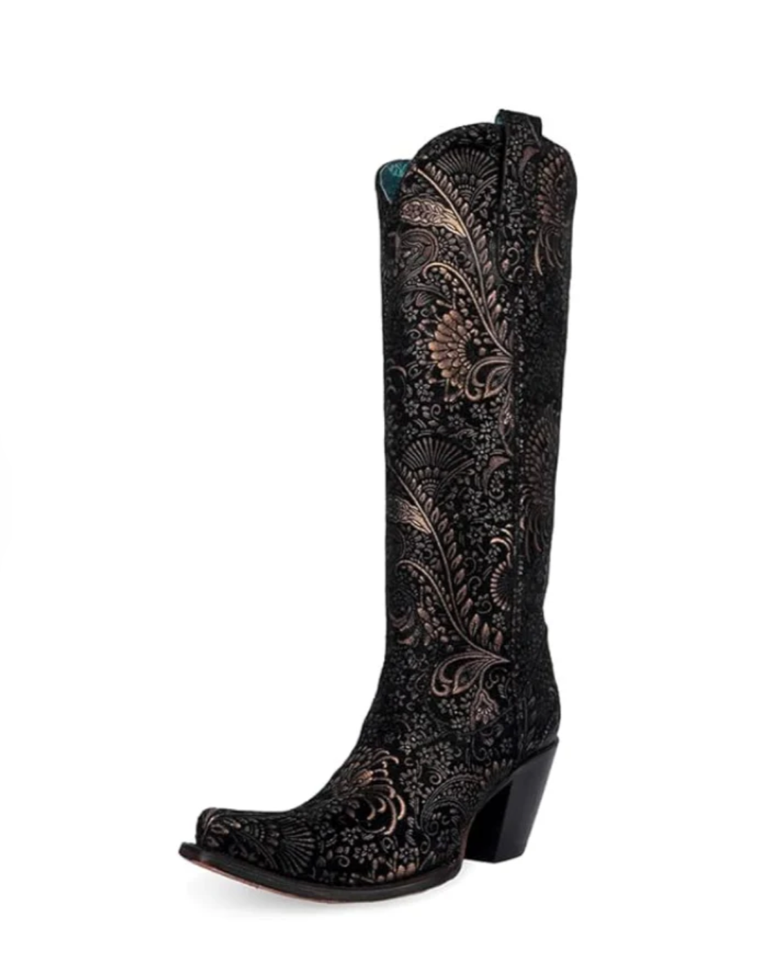 Black embroidered boot on a white background