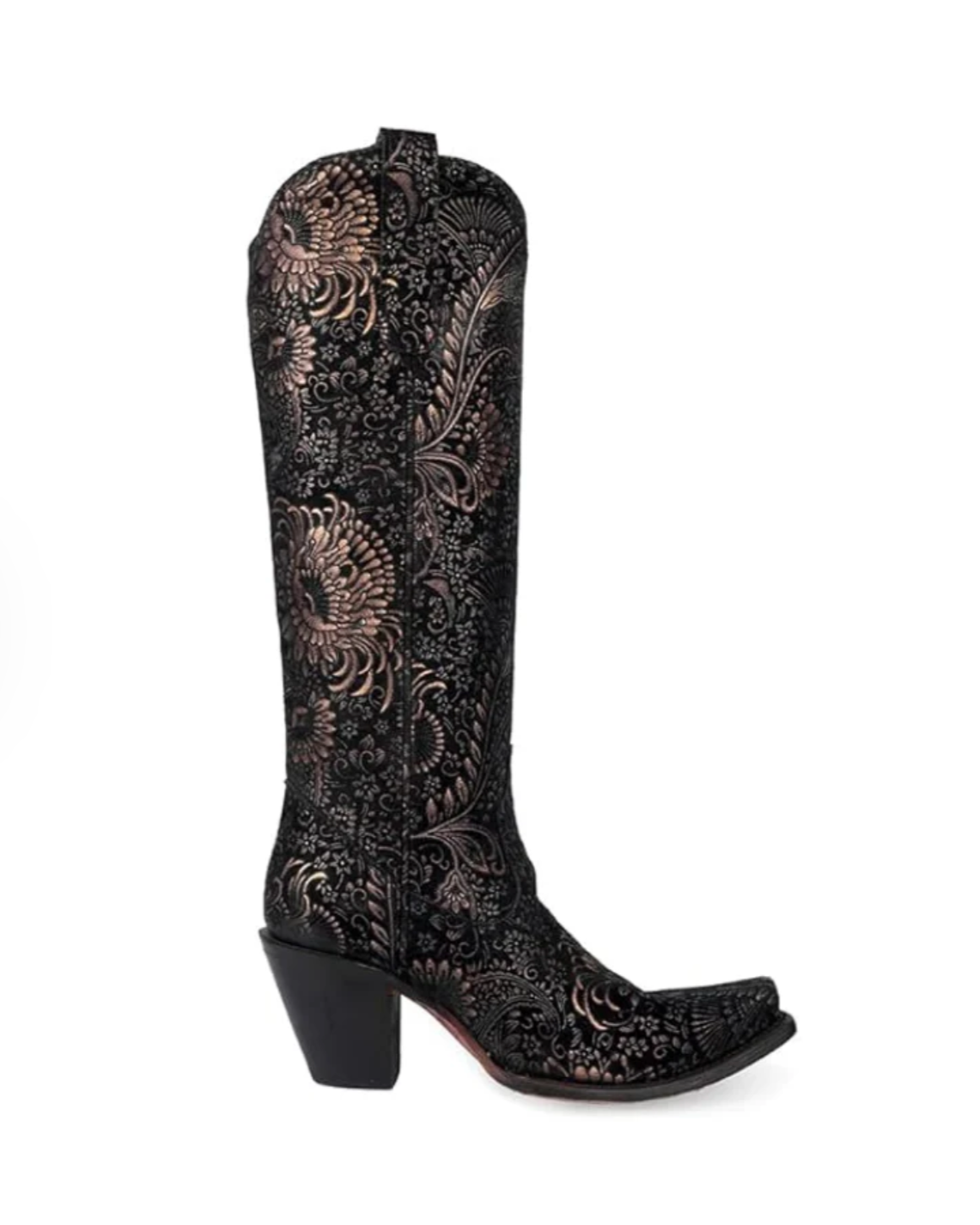 Black embroidered boot on a white background