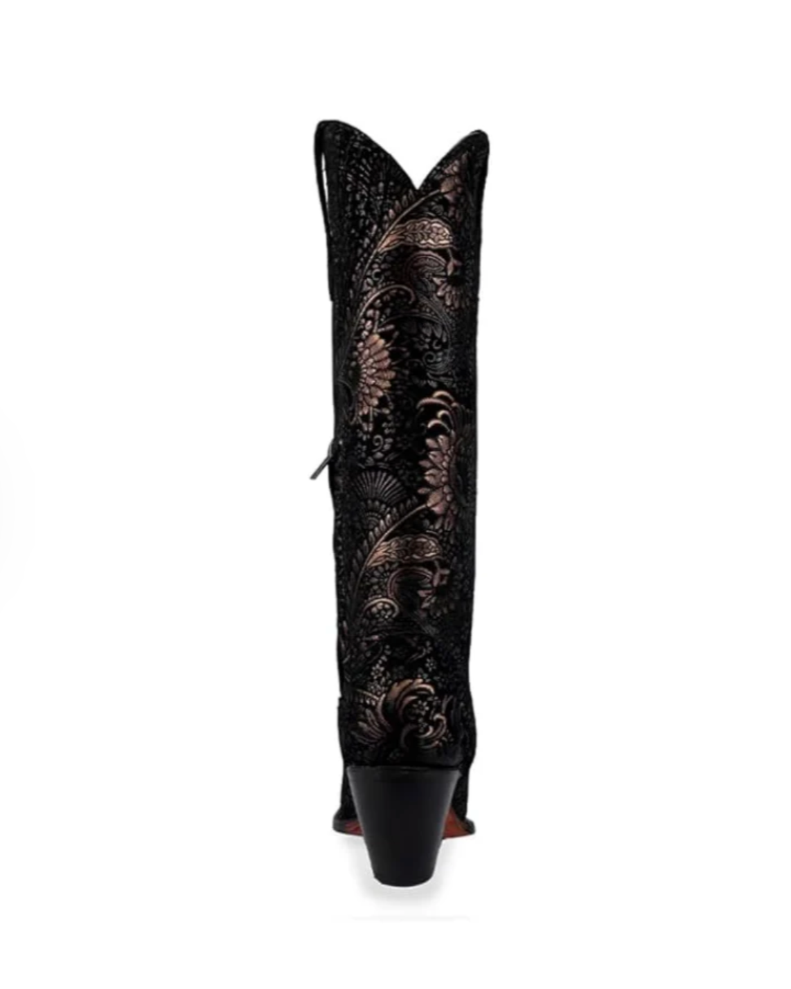 Black embroidered boot on a white background