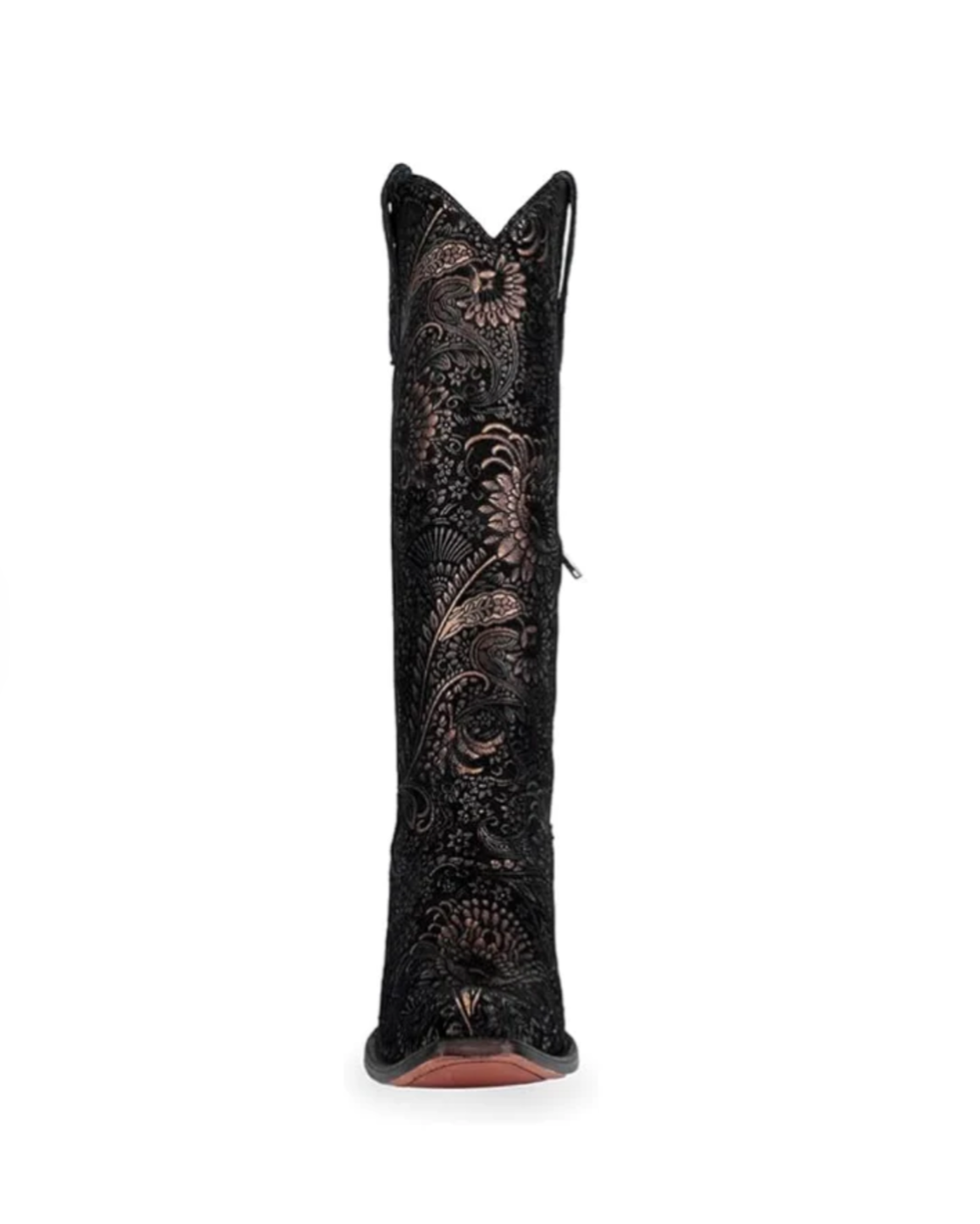 Black cowboy boot with intricate patterns on a white background