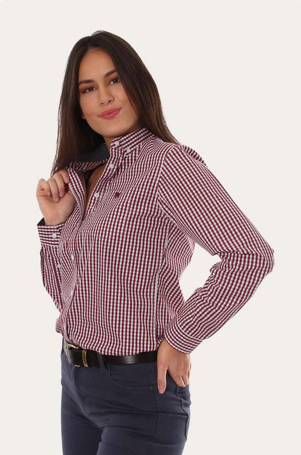 Ringers Western: Ladies Davidson Gingham Check Dress Shirt - Burgundy