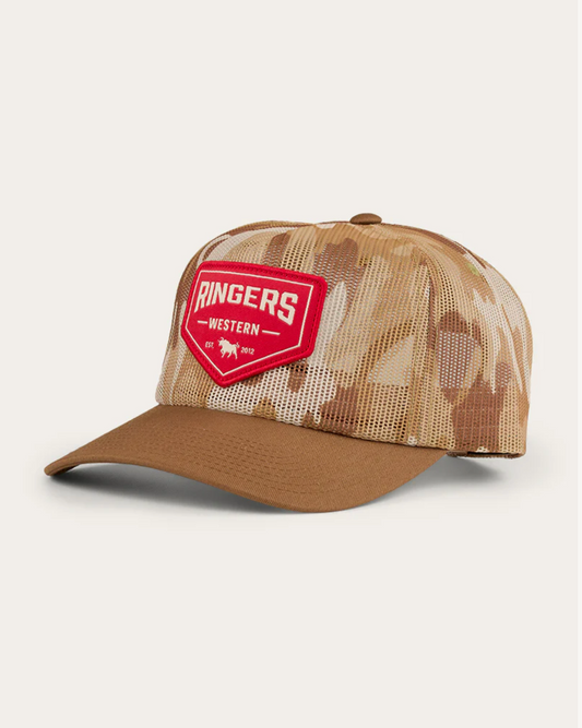 Camouflage baseball cap with a red patch on a light gray background