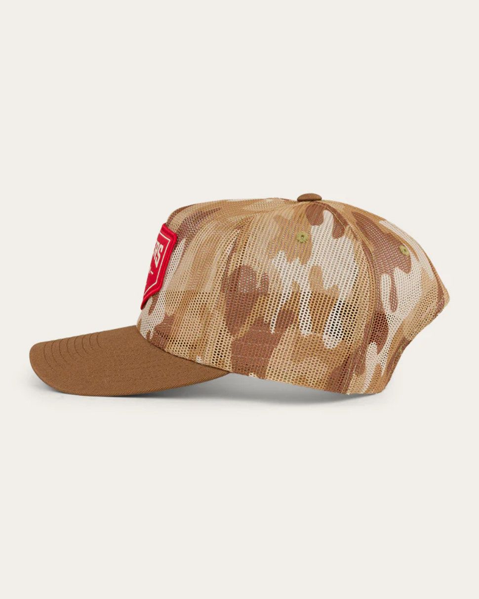 Camouflage baseball cap with a red logo on a white background
