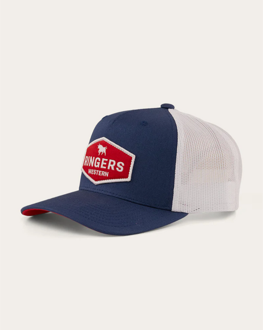 Blue and white cap with a red and white logo on a light gray background