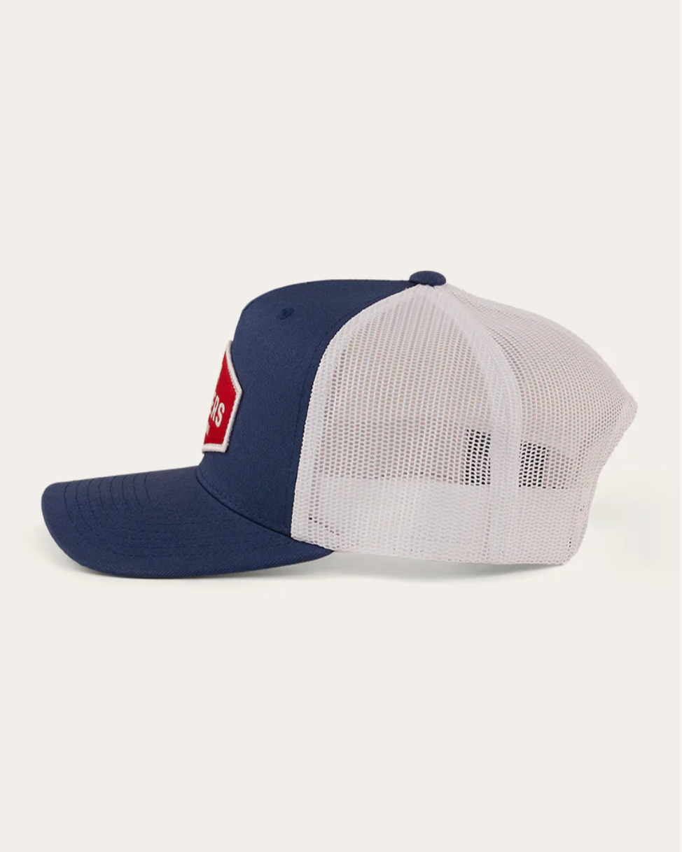 Blue and white cap with a red logo on a light gray background