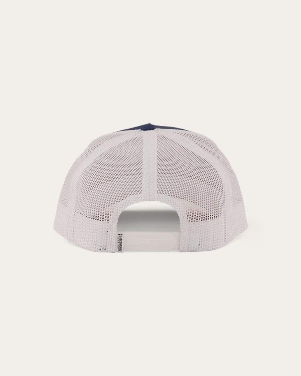 White trucker cap with a blue rim on a white background