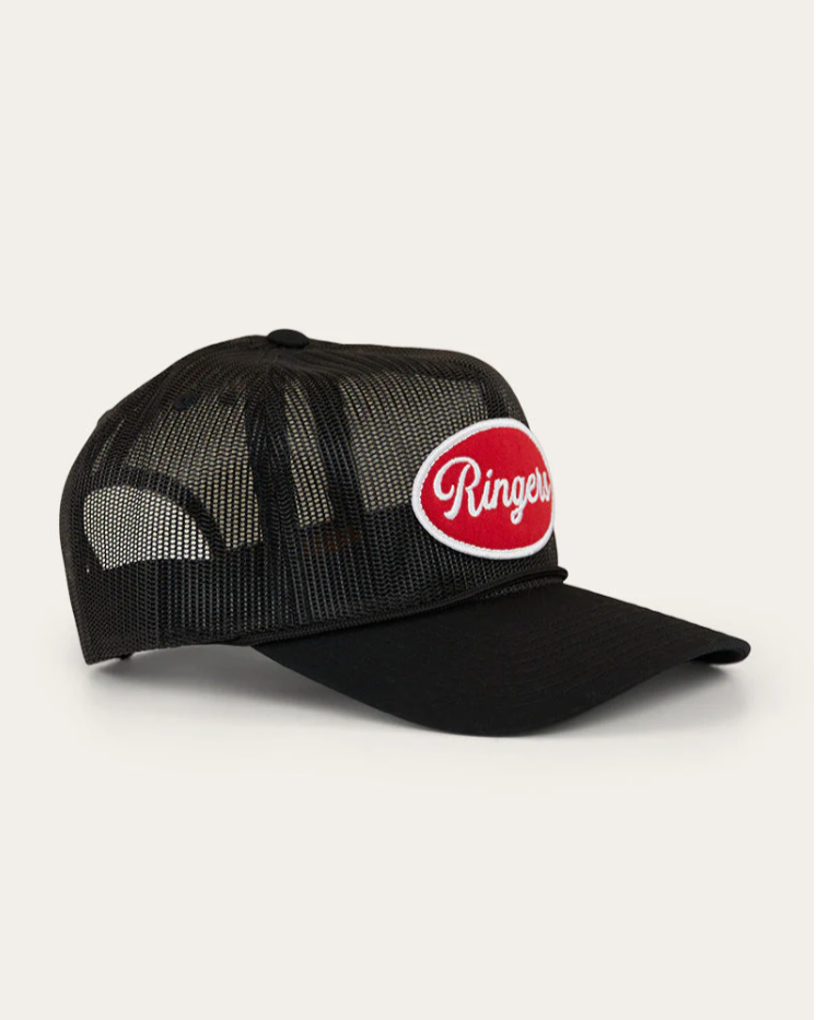 Black mesh cap with a red and white logo on a light gray background