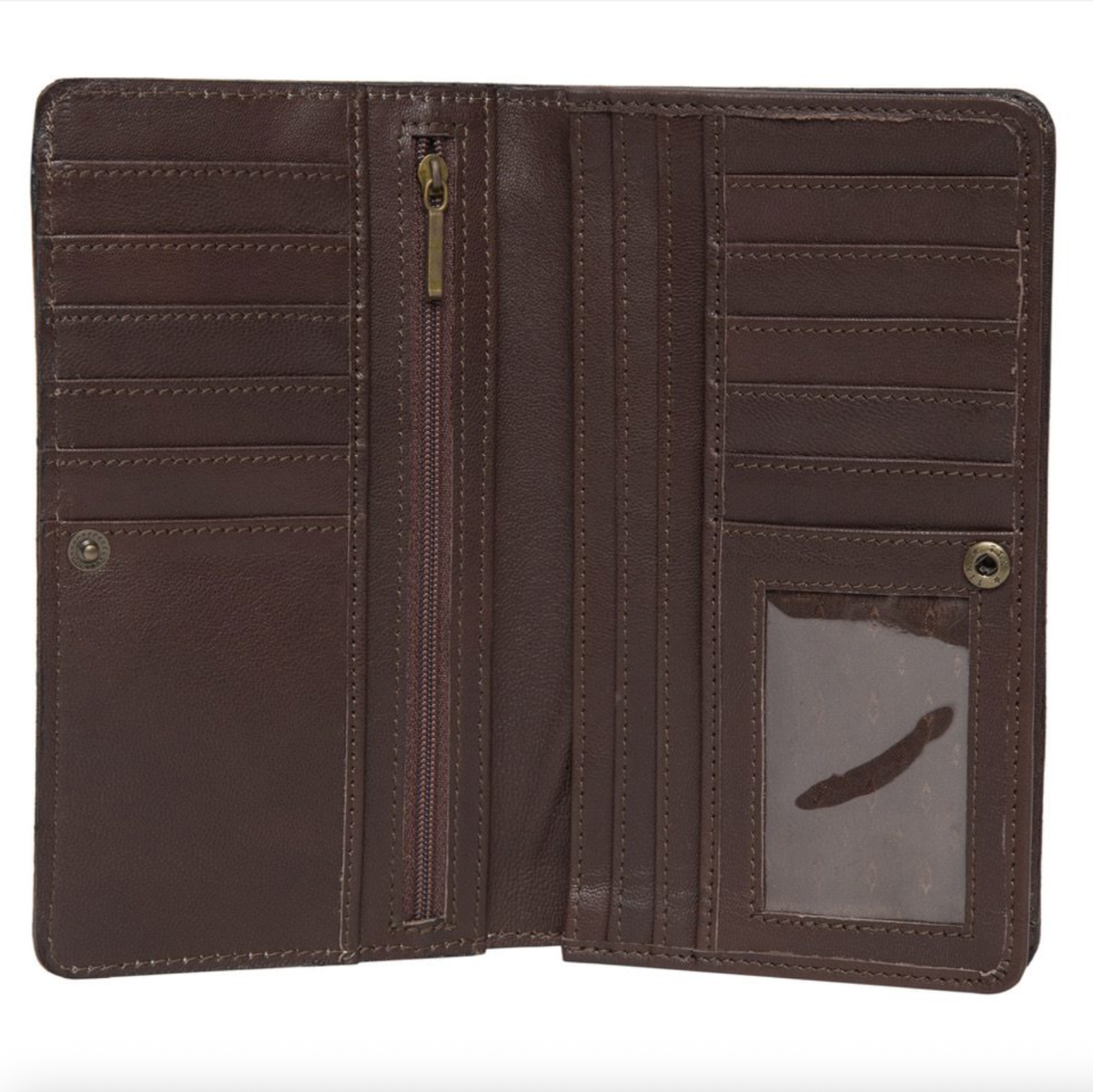 Open brown leather wallet on a white background