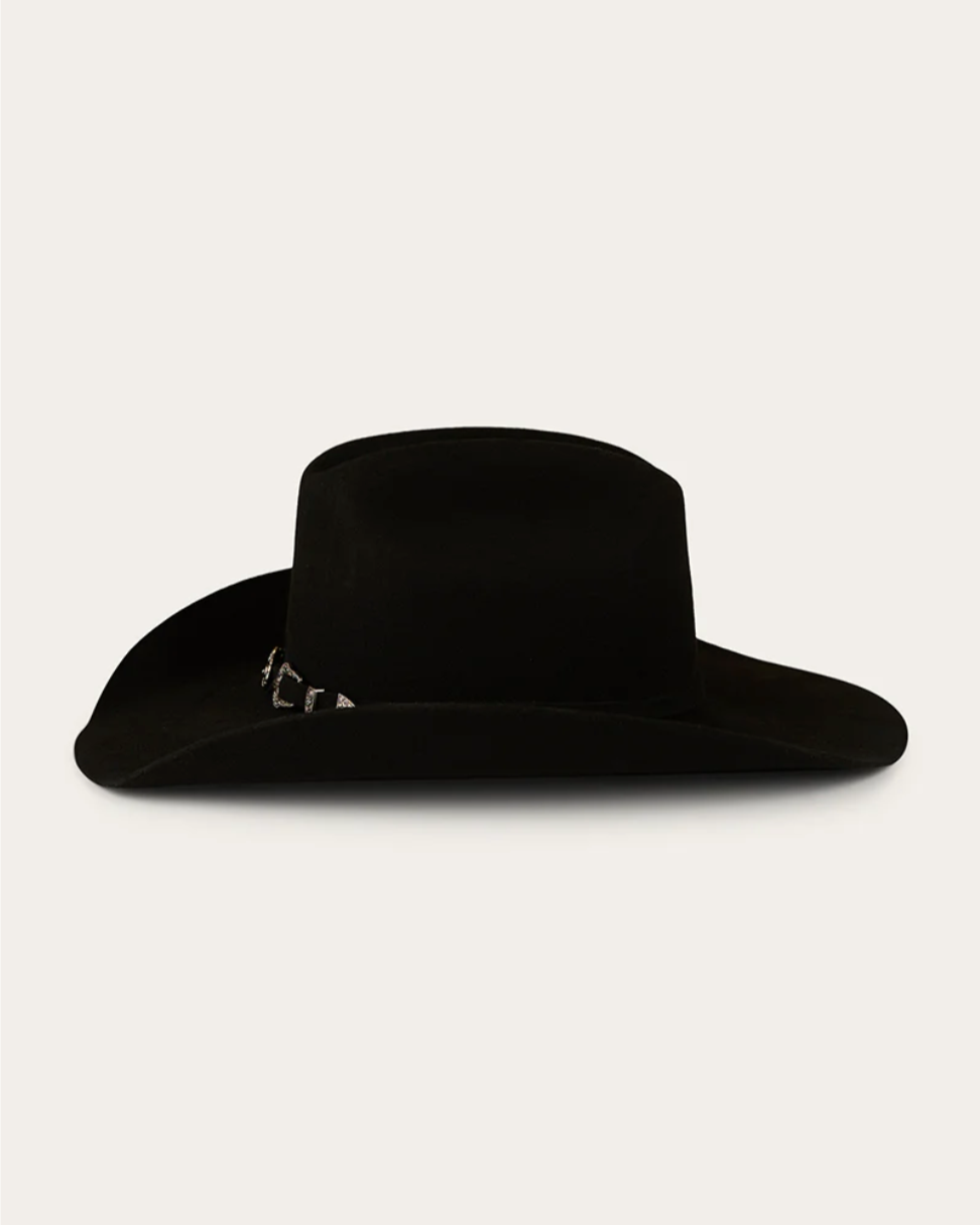 Black cowboy hat on a light gray background