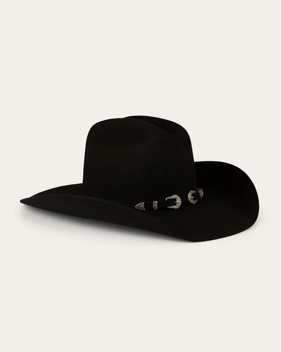 Black cowboy hat with a band on a light gray background