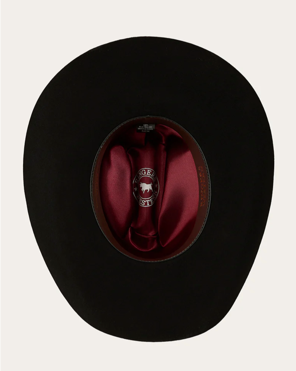 Black cowboy hat with red interior on a white background