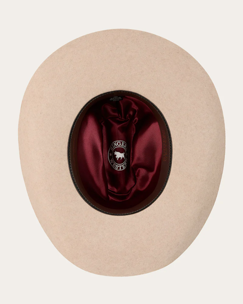 Beige cowboy hat with a red interior and brand logo on a white background