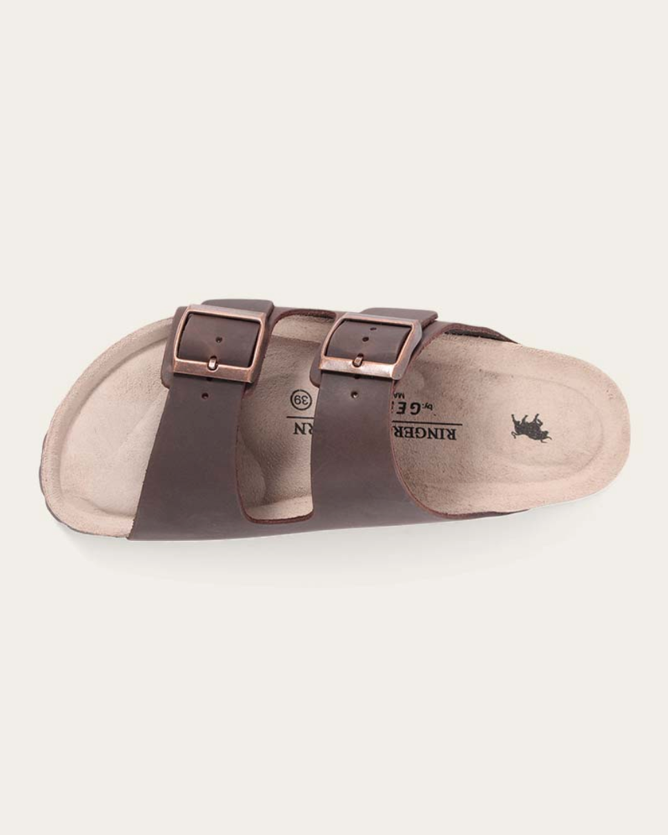 Birkenstock sandal with brown straps on a white background