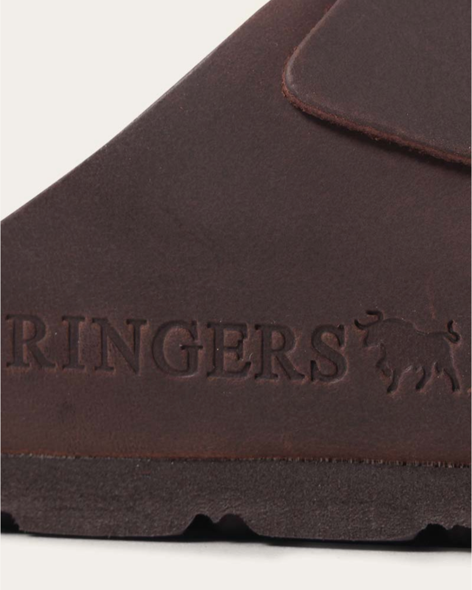 Brown leather product with 'Ringers' branding on a white background