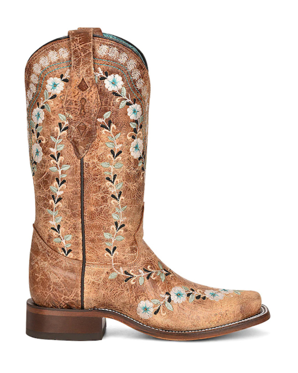 Brown cowboy boot with floral embroidery on a white background