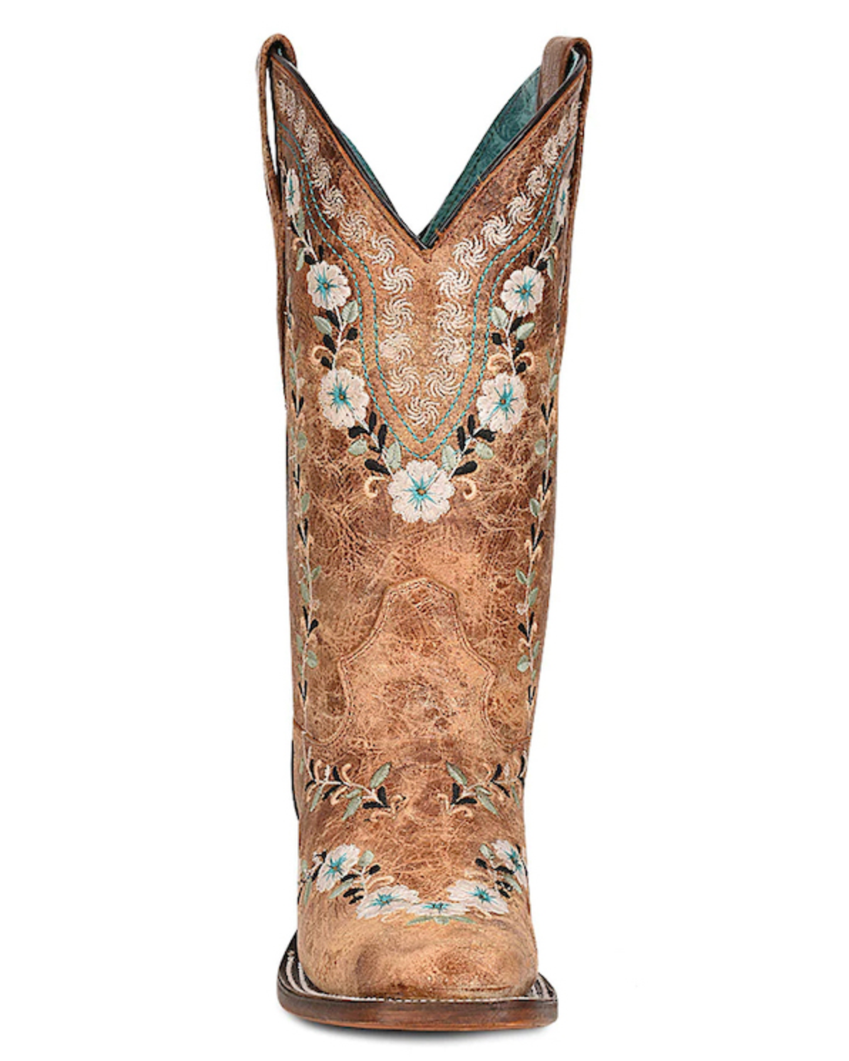 Brown cowboy boot with floral embroidery on a white background