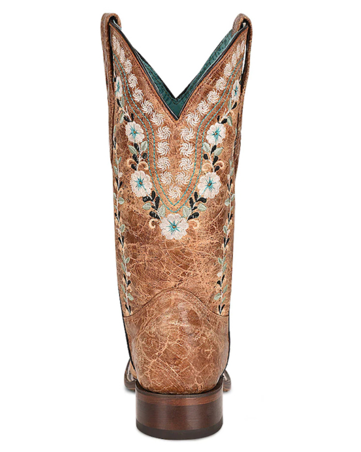 Brown cowboy boot with floral embroidery on a white background