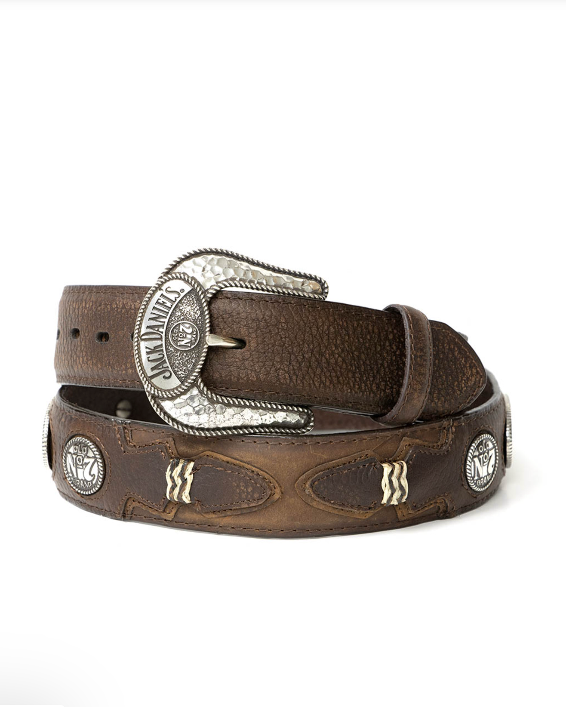 Brown leather belt with silver concho on a white background