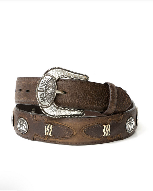 Brown leather belt with silver concho on a white background