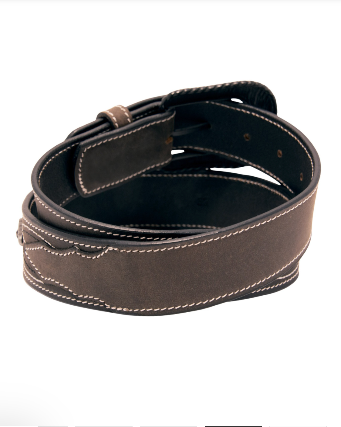 Brown leather belt with white stitching on a white background