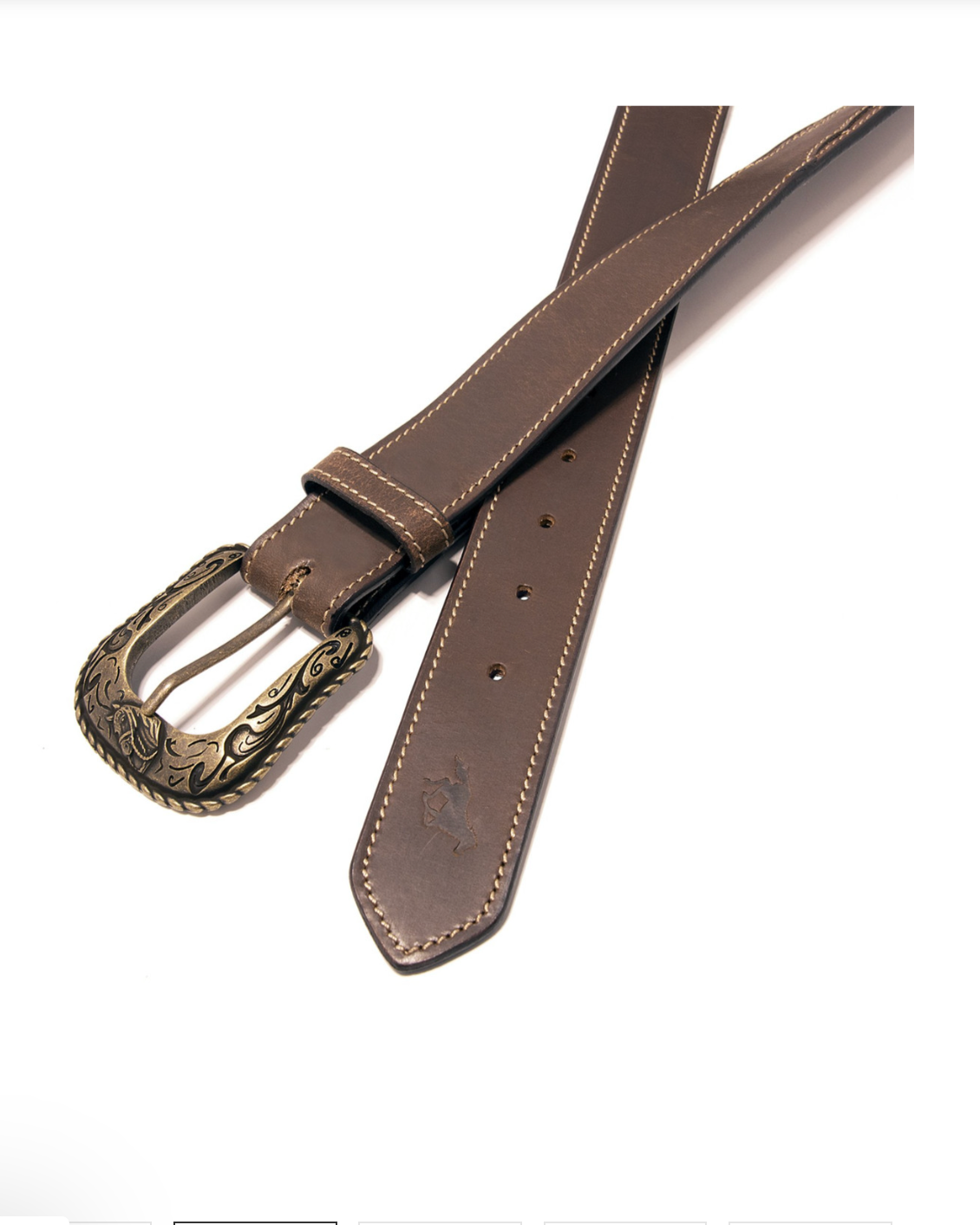 Brown leather belt with decorative buckle on a white background