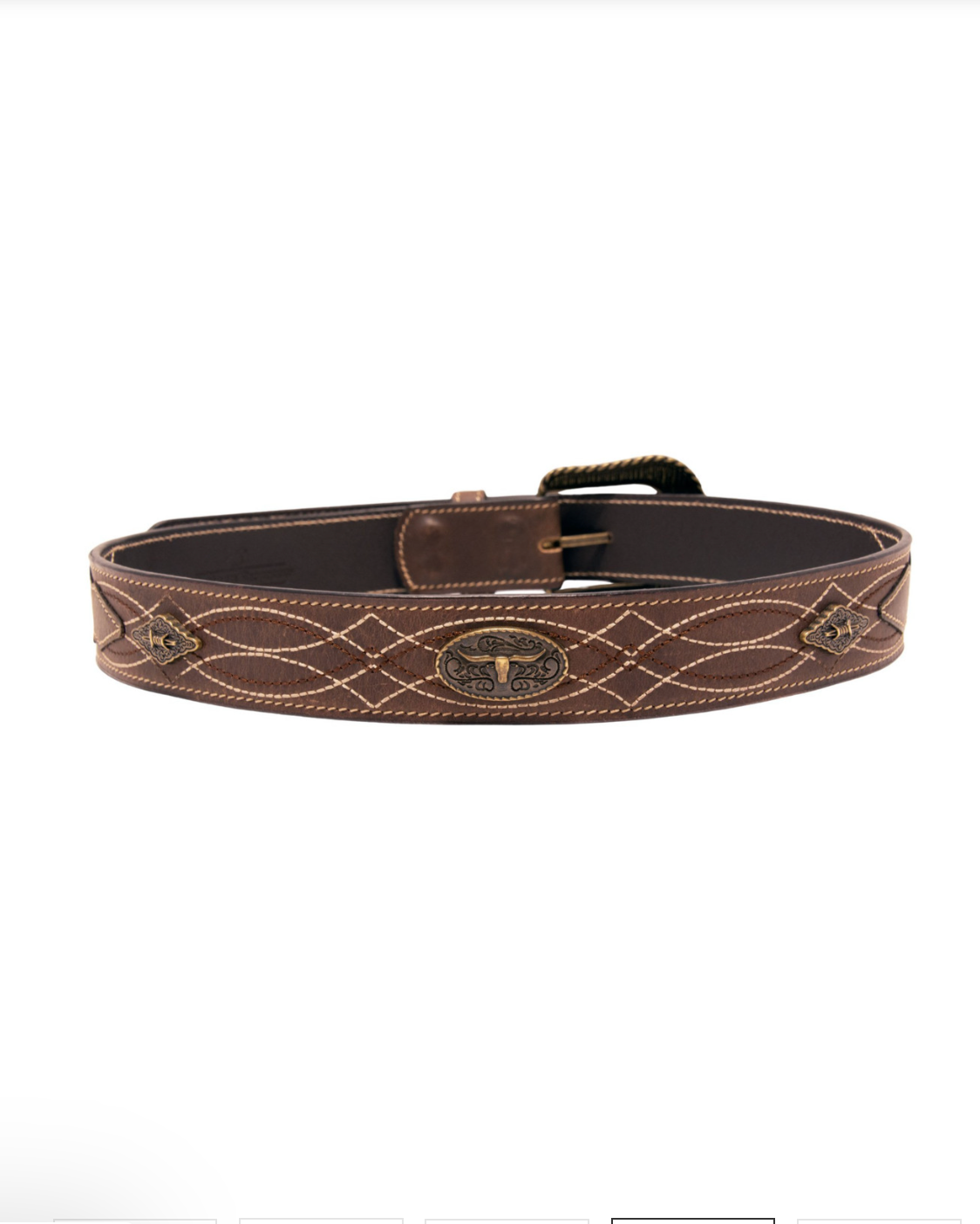 Brown leather belt with decorative stitching on a white background
