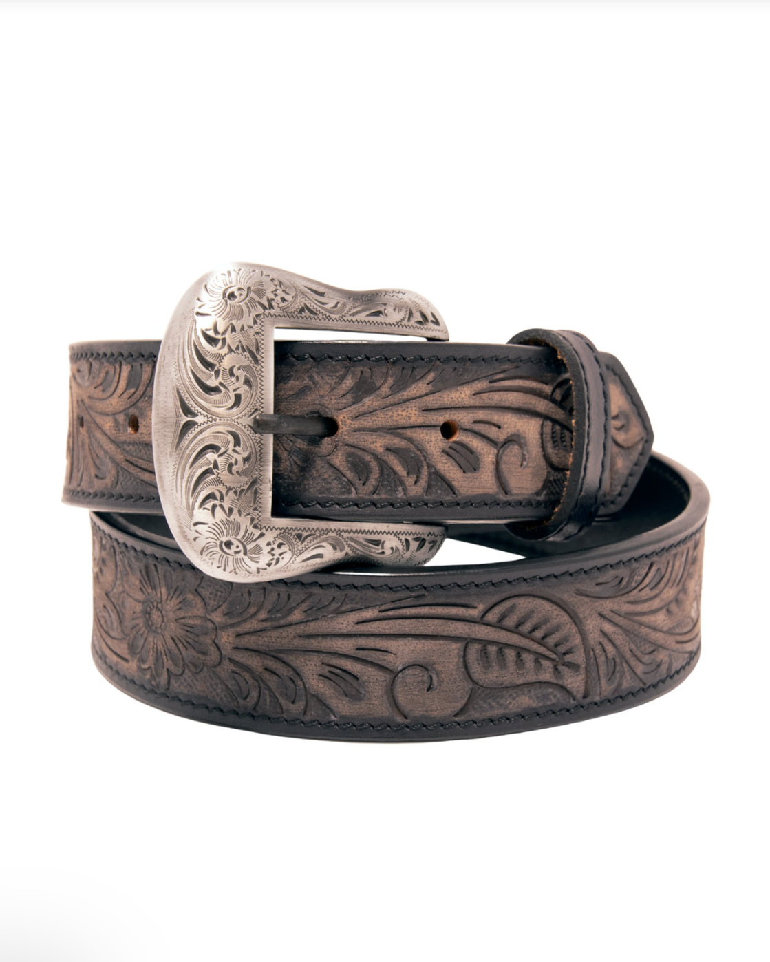 Brown leather belt with intricate patterns and a silver buckle on a white background