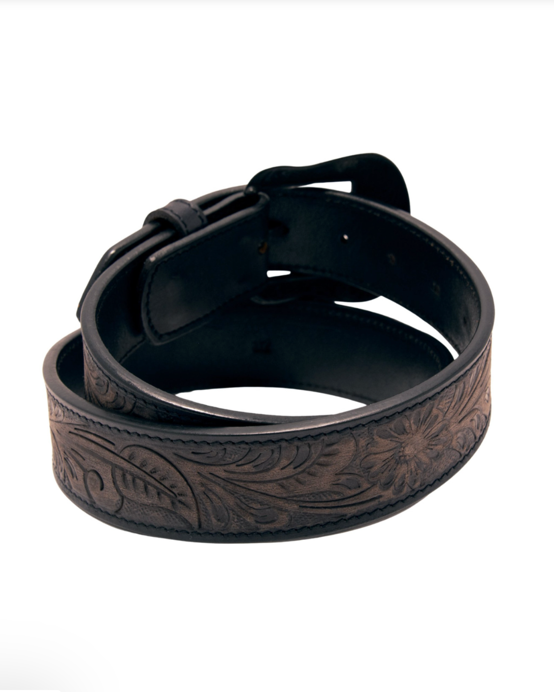 Black leather belt with embossed design on a white background