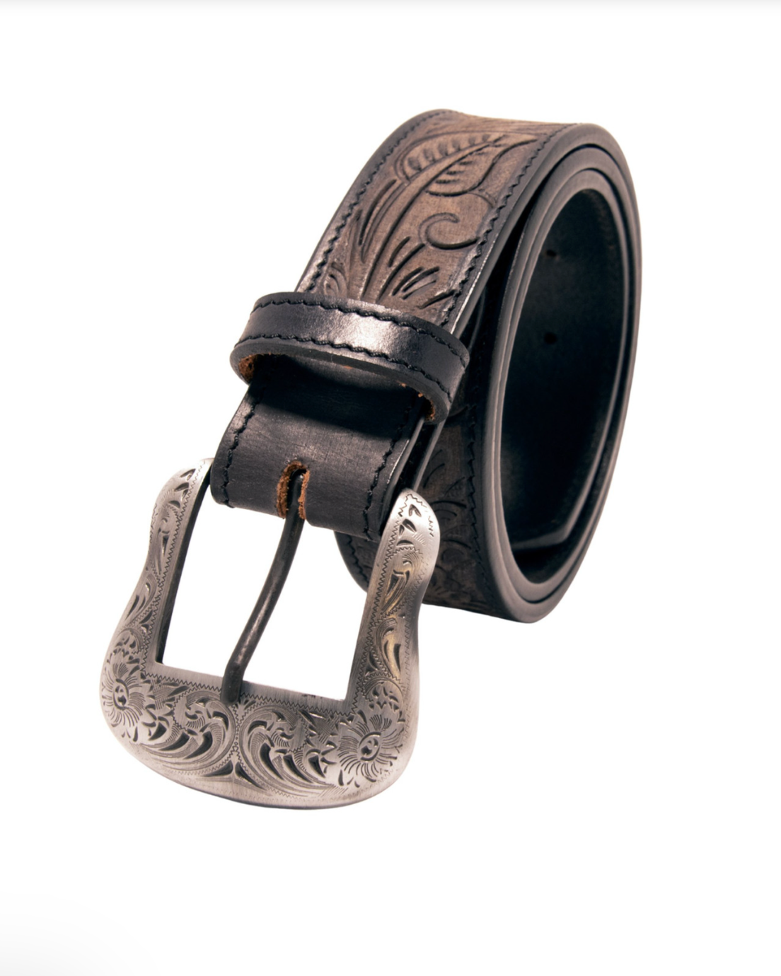 Brown leather belt with silver buckle on a white background