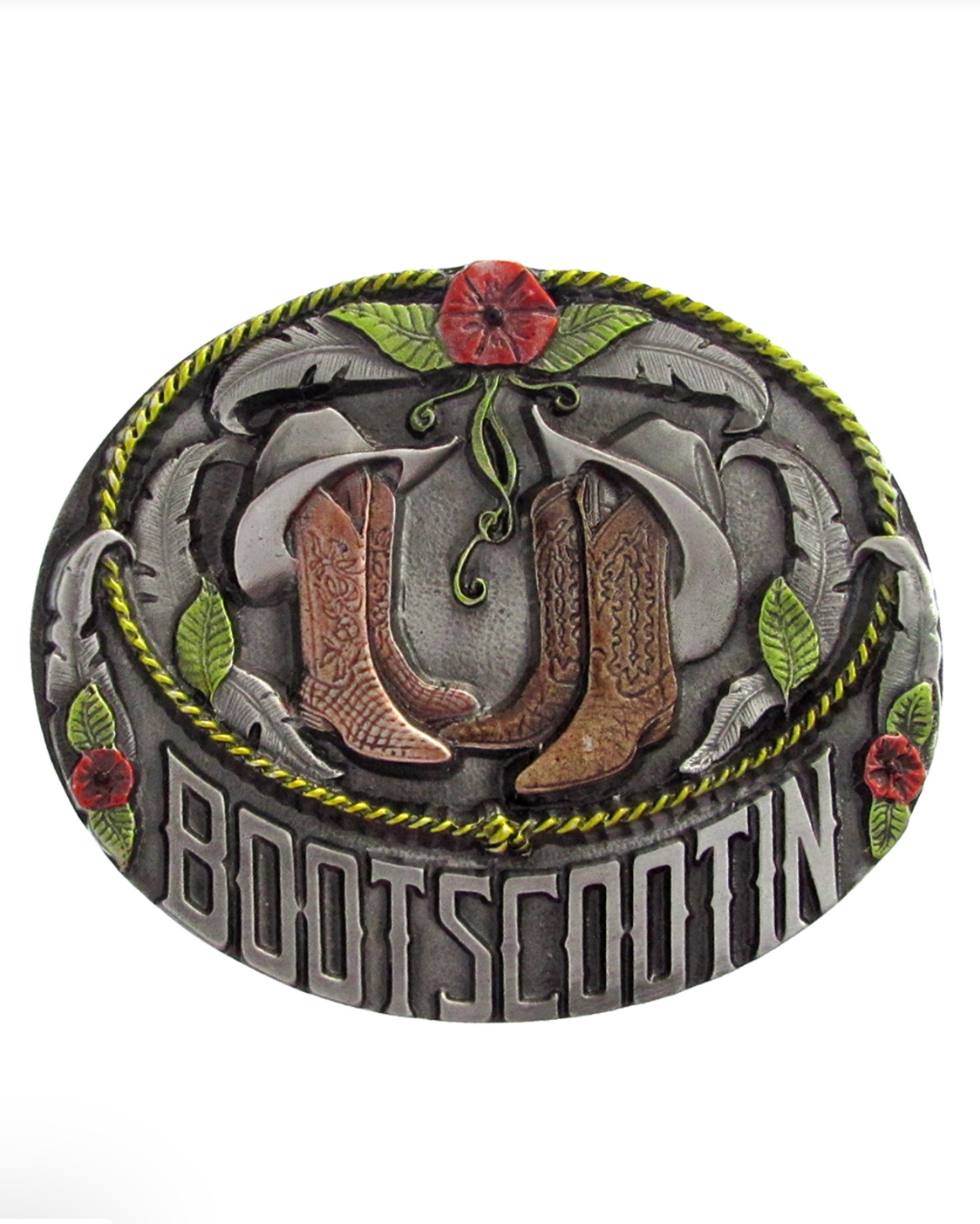 Decorative belt buckle with cowboy boots, flowers, and 'BOOTS SCOTIN' text on a white background