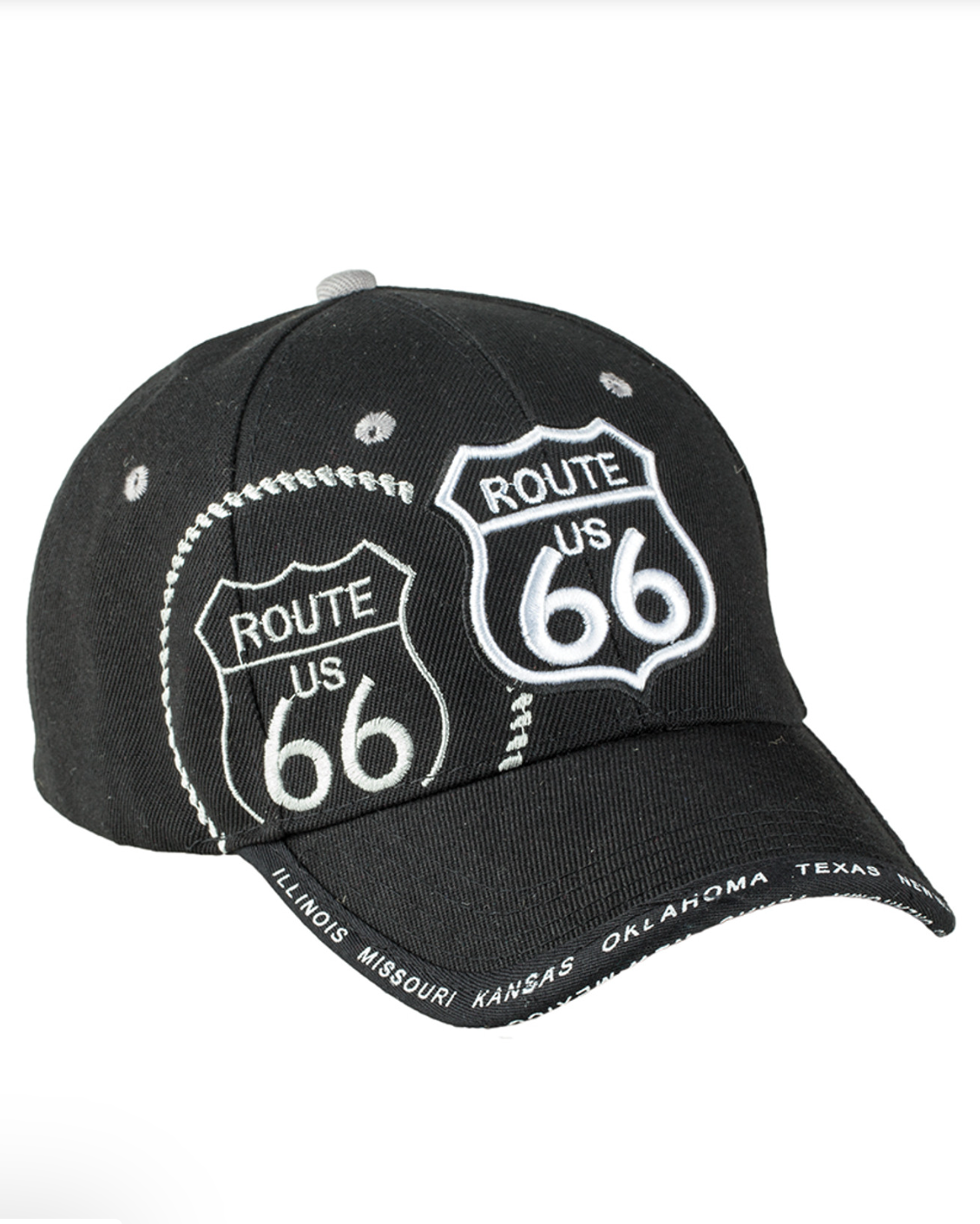 Black cap with Route 66 design on a white background
