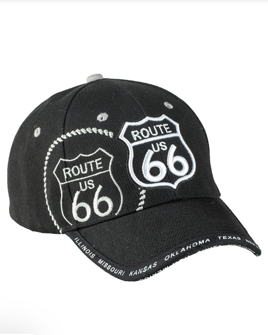 Black cap with Route 66 design on a white background