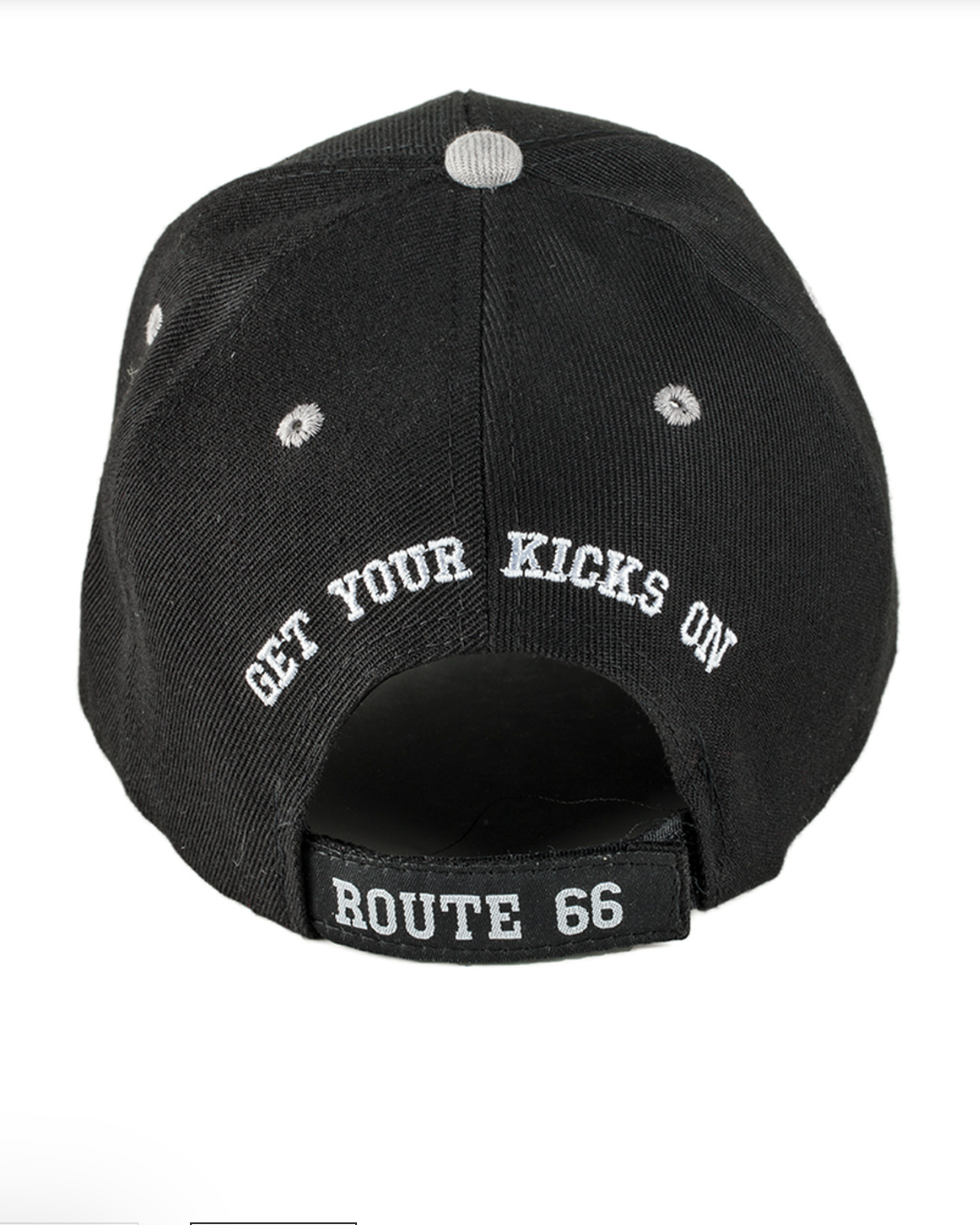 Black cap with 'Get Your Kicks On Route 66' text on a white background
