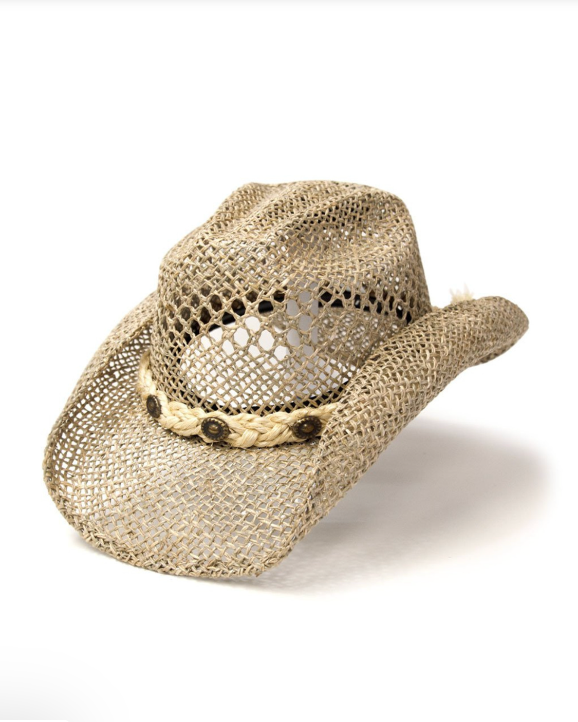 Beige straw cowboy hat with a braided band on a white background