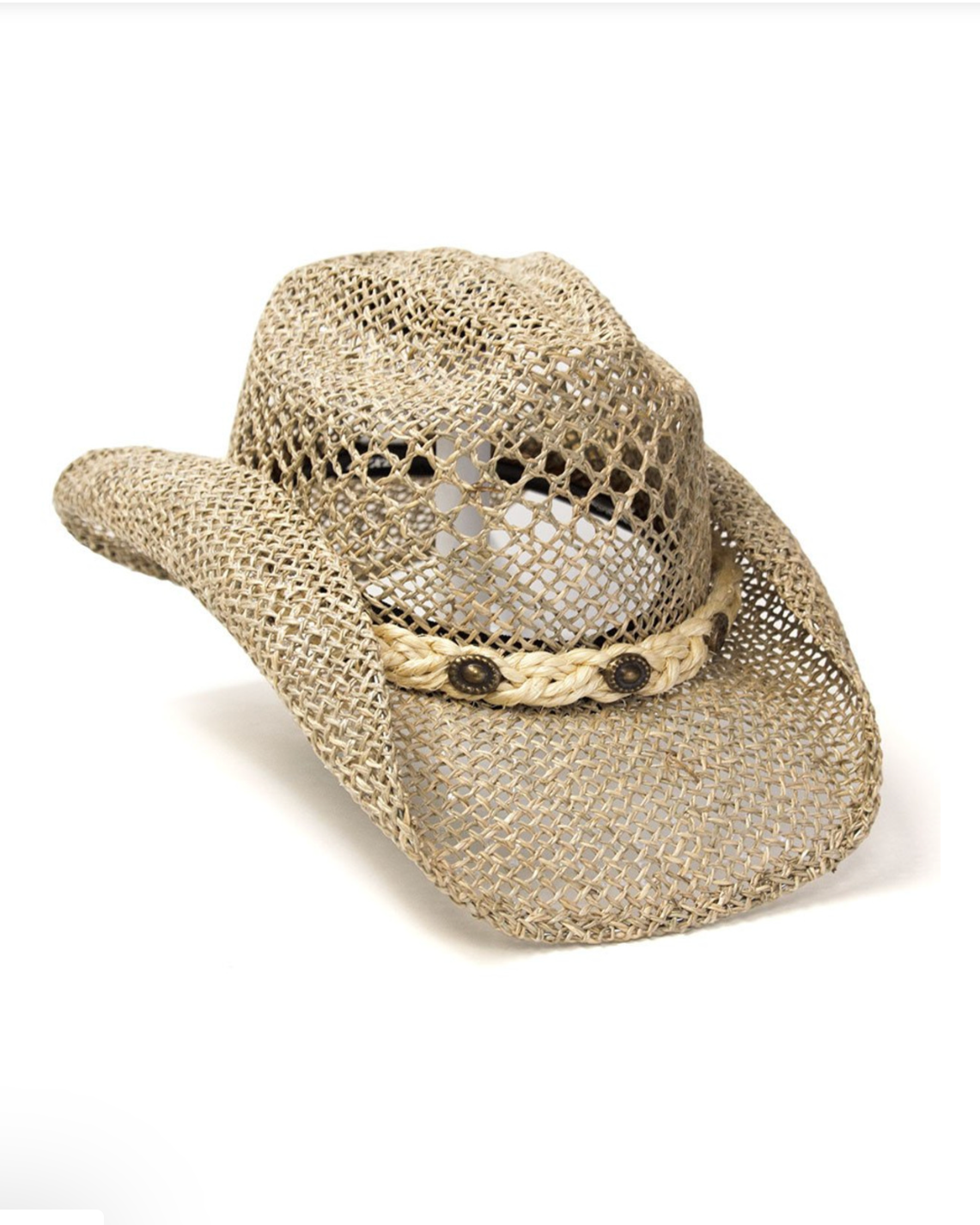 Straw cowboy hat with mesh back on a white background