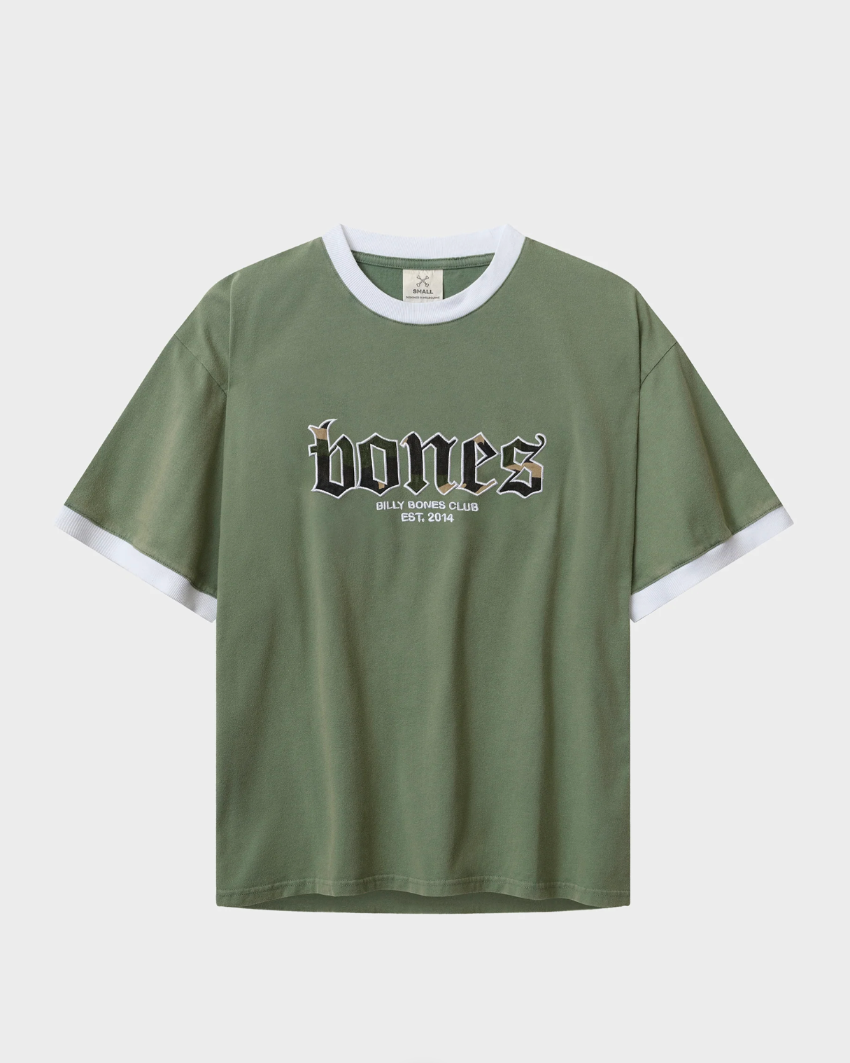 Green t-shirt with white trim and 'bones' logo on a light gray background