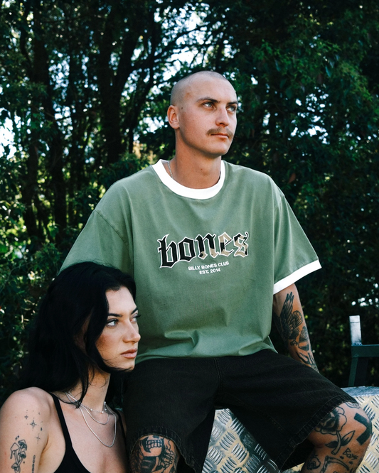 Billy Bones Club: "Classic Ringers" 100% Cotton Unisex Tee in Sage/Camo with "bones" embroidery in white on the front - Texas Western New Zealand
