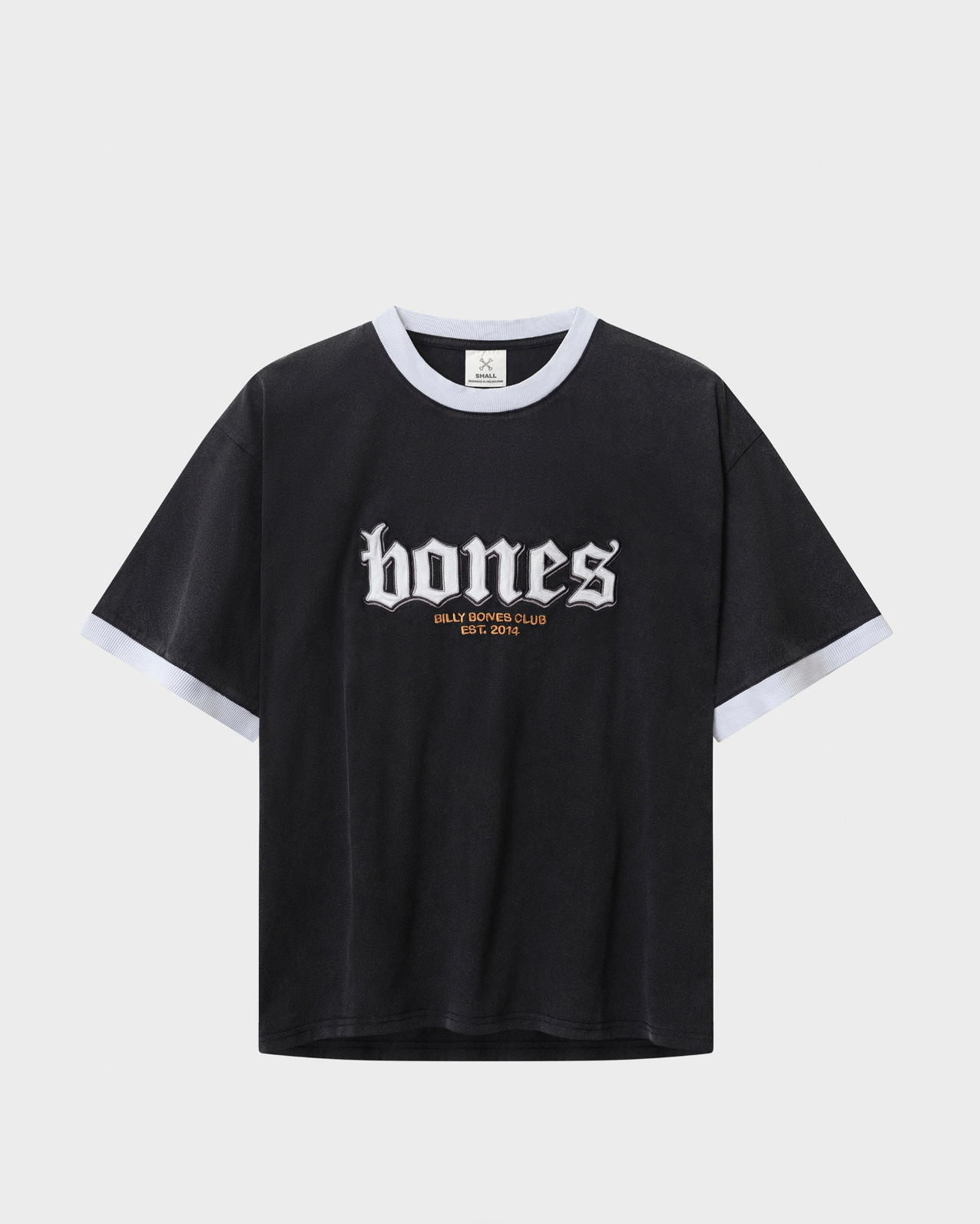 Black t-shirt with 'bones' logo on a light gray background