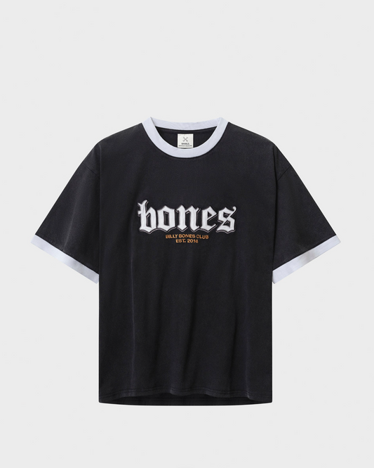 Black t-shirt with 'bones' logo on a light gray background