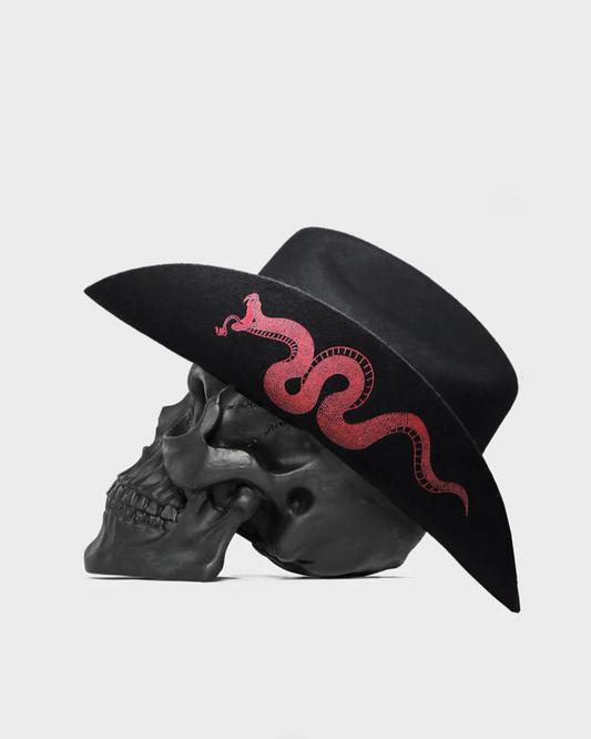 Black hat with red snake design on a skull against a light gray background